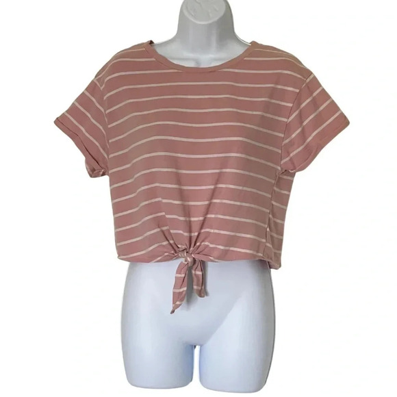 Tie-Up Crop Top Tee - Crew Neck- Pink and White Striped - Women's Size Medium - Picture 2 of 8